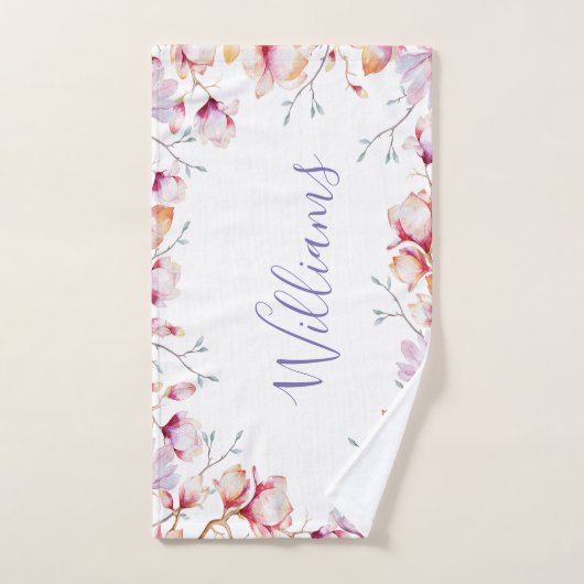 Roze magnolia bloemen, wit naamscript bad handdoek (Handdoek)