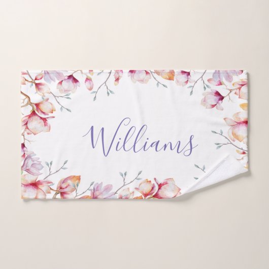 Roze magnolia bloemen, wit naamscript bad handdoek (Handdoek)