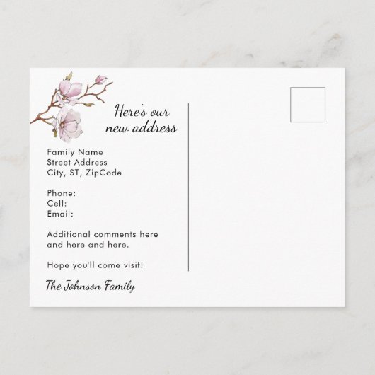 Roze Magnolia bloemenboeket Nieuw adres Aankondigingskaart (Achterkant)