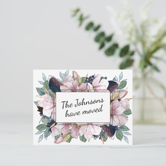Roze Magnolia bloemenboeket Nieuw adres Aankondigingskaart (Staand voorkant)
