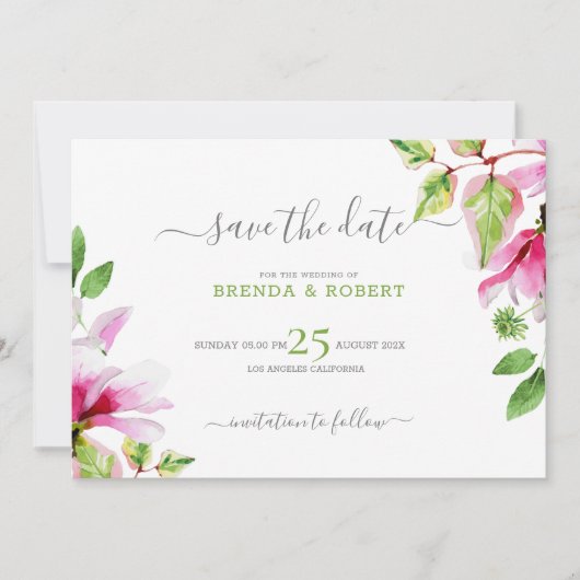 Roze magnolia bloemenframe save the date (Voorkant)