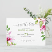 Roze magnolia bloemenframe save the date (Staand voorkant)
