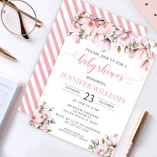 Roze magnolia bloemige baby girl shower uitnodigin kaart
