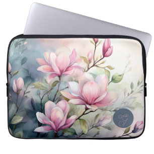 Roze Magnolia Bloesem Botanische Monogram Laptop Sleeve