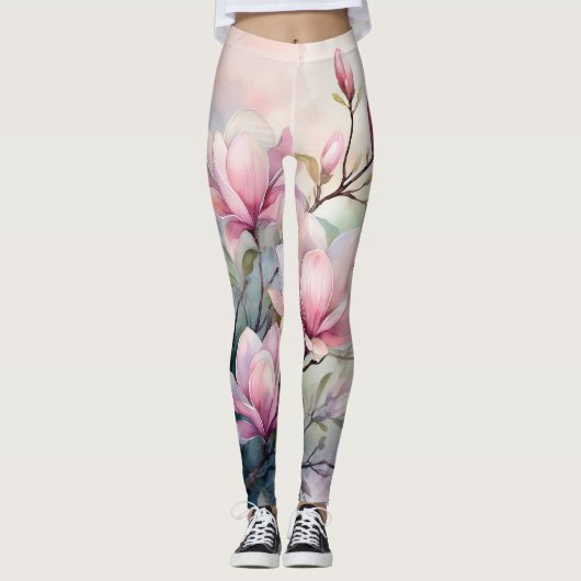 Roze Magnolia Bloesem Botanische Monogram Leggings (Voorkant)