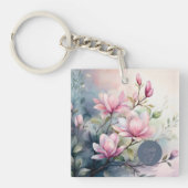 Roze Magnolia Bloesem Botanische Monogram Sleutelhanger (Voorkant)