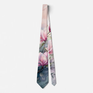 Roze Magnolia Bloesem Botanische Monogram Stropdas