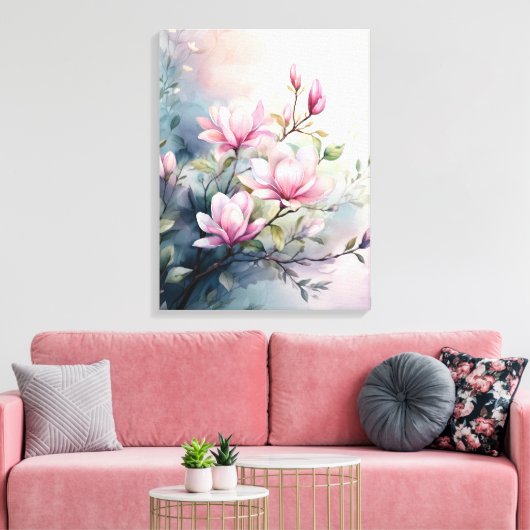 Roze Magnolia Bloesems Botanisch Canvas Afdruk (Insitu (Woonkamer))
