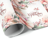 Roze Magnolia Bloesems en Vogels Gelukkige Verjaar Cadeaupapier (Rol Hoek)