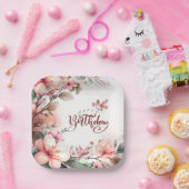 Roze Magnolia Bloesems en Vogels Gelukkige Verjaar Papieren Bordje (Feest)