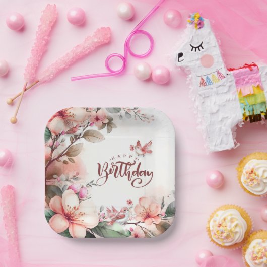 Roze Magnolia Bloesems en Vogels Gelukkige Verjaar Papieren Bordje (Feest)