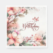 Roze Magnolia Bloesems en Vogels Gelukkige Verjaar Servet (Voorkant)