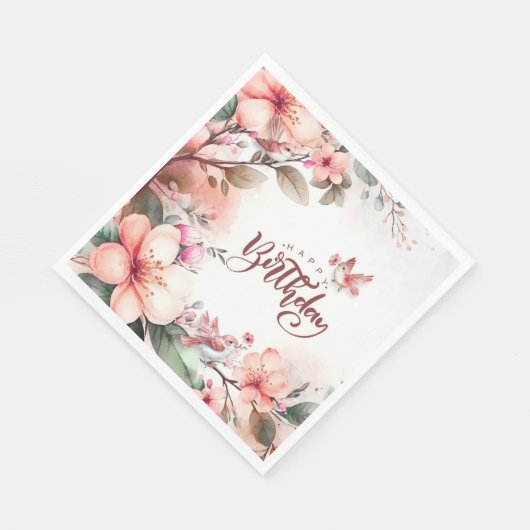 Roze Magnolia Bloesems en Vogels Gelukkige Verjaar Servet (Hoek)