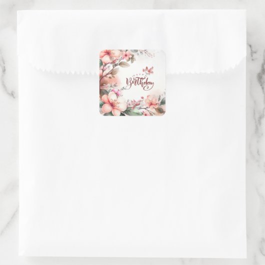 Roze Magnolia Bloesems en Vogels Gelukkige Verjaar Vierkante Sticker (Tas)