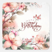 Roze Magnolia Bloesems en Vogels Gelukkige Verjaar Vierkante Sticker (Voorkant)