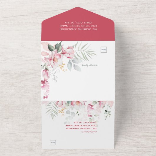 Roze Magnolia Blossom All In One Uitnodiging (Buitenkant)