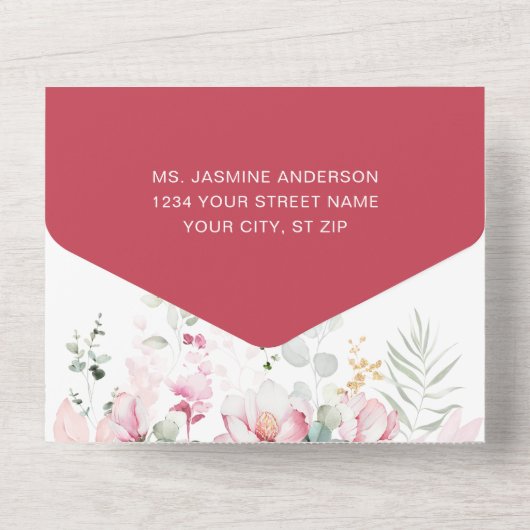 Roze Magnolia Blossom All In One Uitnodiging (Achterkant)