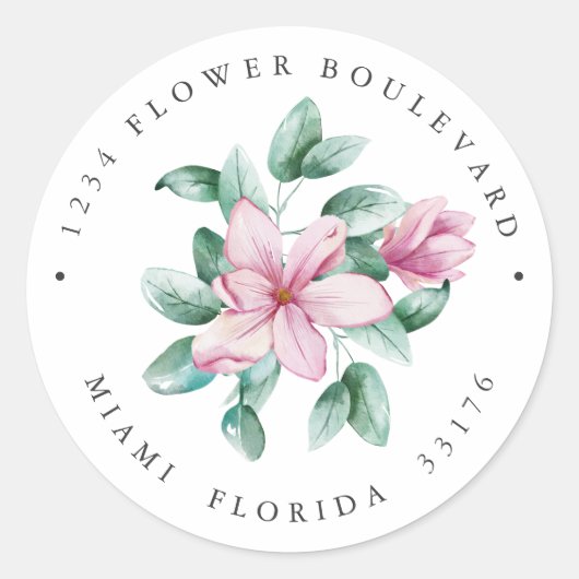 Roze Magnolia Boeket Botanische retouradres Ronde Sticker (Voorkant)