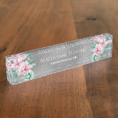 Roze magnolia boeket zilver glitter salon manager naambordje (Zijkant)