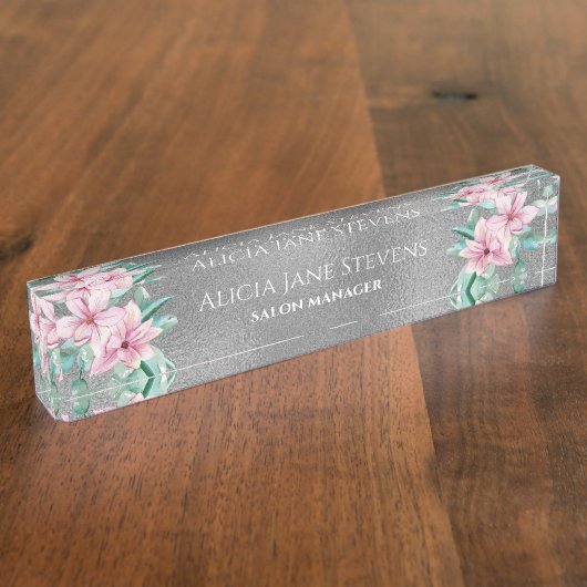 Roze magnolia boeket zilver glitter salon manager naambordje (Zijkant)