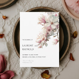 Roze Magnolia Botanische Aquarel Bruiloft Kaart