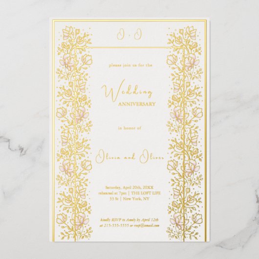 Roze Magnolia bruiloft Jubileum Folie Uitnodiging (Voorkant)