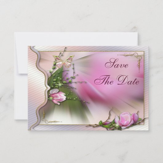 Roze Magnolia Butterfly Sparkle sparen de Datum Save The Date (Voorkant)