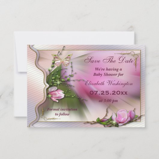 Roze Magnolia Butterfly Sparkle sparen de Datum Save The Date (Achterkant)