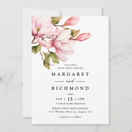 Roze Magnolia Elegante Waterverf Bloemen Huwelijk Kaart (Voorkant)