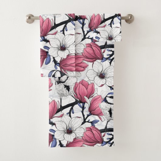 Roze magnolia en blauwe stietvogels bad handdoek (Insitu)
