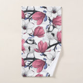 Roze magnolia en blauwe stietvogels bad handdoek (Handdoek)