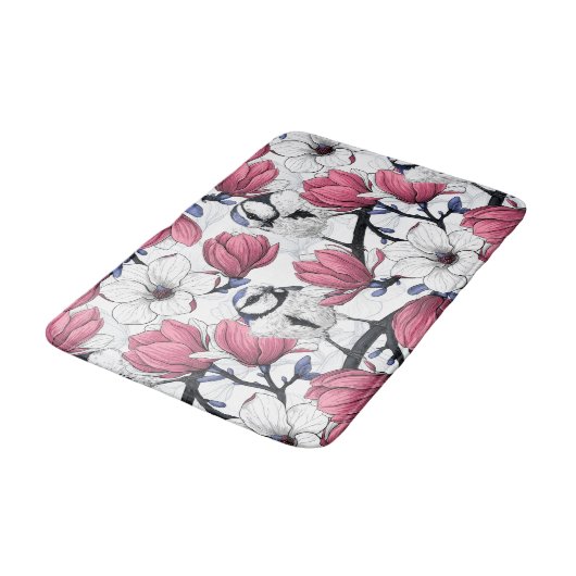 Roze magnolia en blauwe stietvogels badmat (Gekanteld)