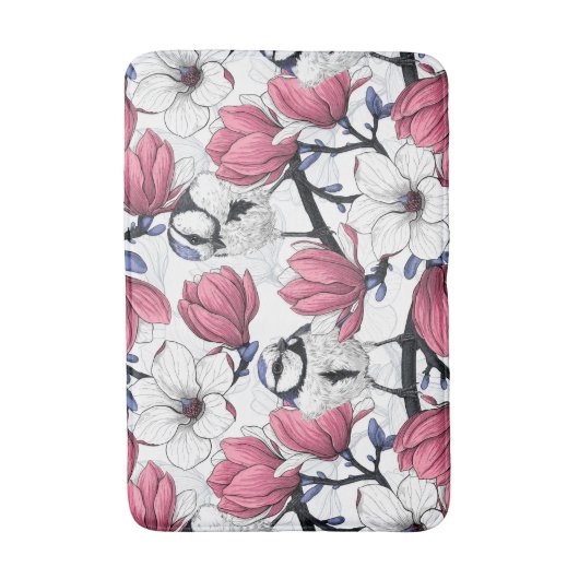 Roze magnolia en blauwe stietvogels badmat (Voorkant Verticaal)
