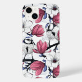 Roze magnolia en blauwe stietvogels Case-Mate iPhone case (Achterkant)