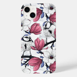 Roze magnolia en blauwe stietvogels Case-Mate iPhone 14 plus hoesje