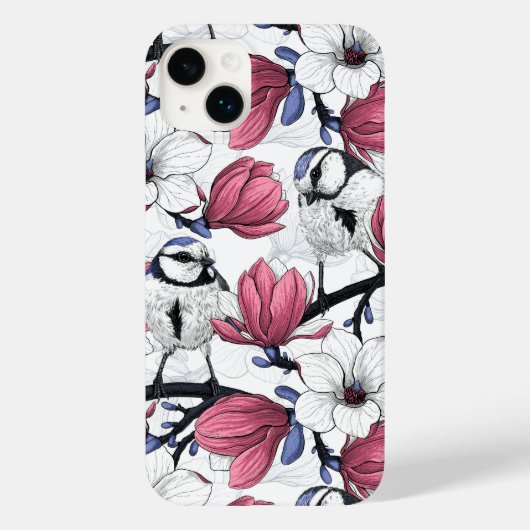 Roze magnolia en blauwe stietvogels Case-Mate iPhone case (Achterkant)