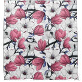 Roze magnolia en blauwe stietvogels douchegordijn (Voorkant)