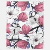 Roze magnolia en blauwe stietvogels fleece deken (Voorkant)
