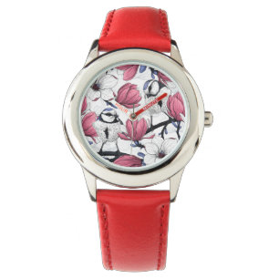 Roze magnolia en blauwe stietvogels horloge
