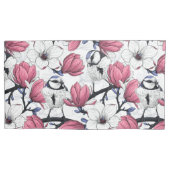 Roze magnolia en blauwe stietvogels kussensloop (Voorkant-Links)