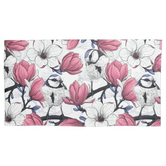 Roze magnolia en blauwe stietvogels kussensloop (Voorkant-Links)