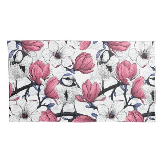 Roze magnolia en blauwe stietvogels kussensloop (Achterkant-Rechts)