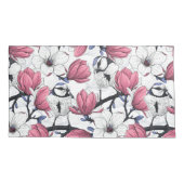 Roze magnolia en blauwe stietvogels kussensloop (Achterkant-Links)