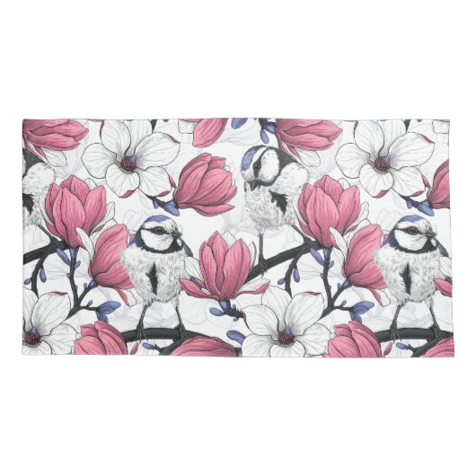 Roze magnolia en blauwe stietvogels kussensloop (Achterkant-Links)