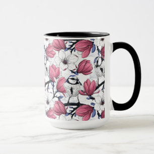 Roze magnolia en blauwe stietvogels mok