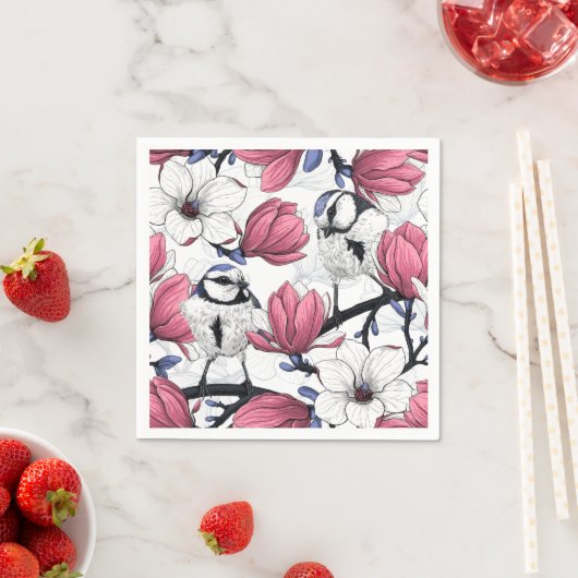 Roze magnolia en blauwe stietvogels servet (Insitu)