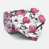 Roze magnolia en blauwe stietvogels stropdas (Opgerold)