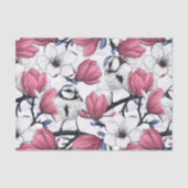 Roze magnolia en blauwe stietvogels tissuepapier (Voorkant)