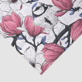 Roze magnolia en blauwe stietvogels tissuepapier (Detail)