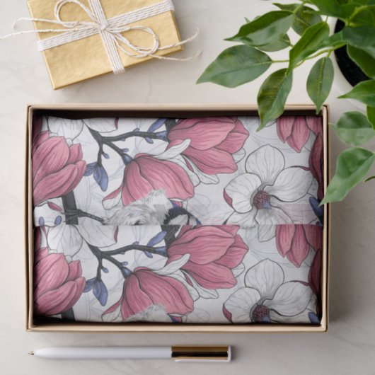 Roze magnolia en blauwe stietvogels tissuepapier (Geschenk)